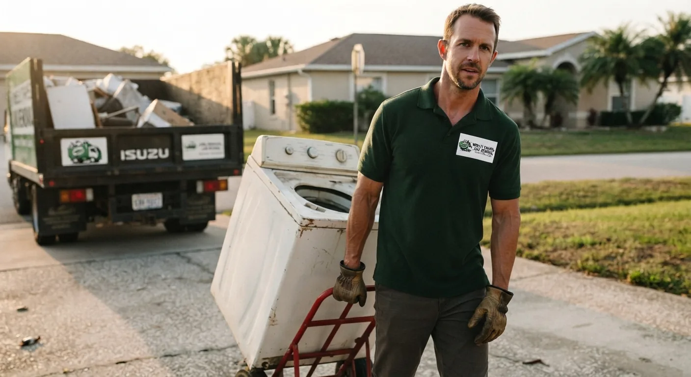 Worker loading an old washing machine for removal in Wesley Chapel