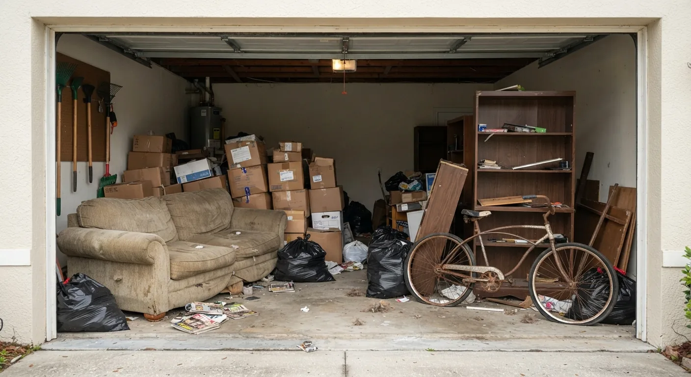 Cluttered garage before a cleanout in Wesley Chapel, FL