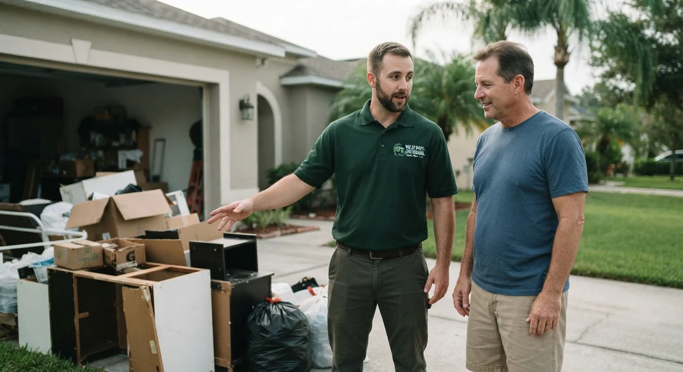 Junk Removal Wesley Chapel worker reviewing a job with a homeowner