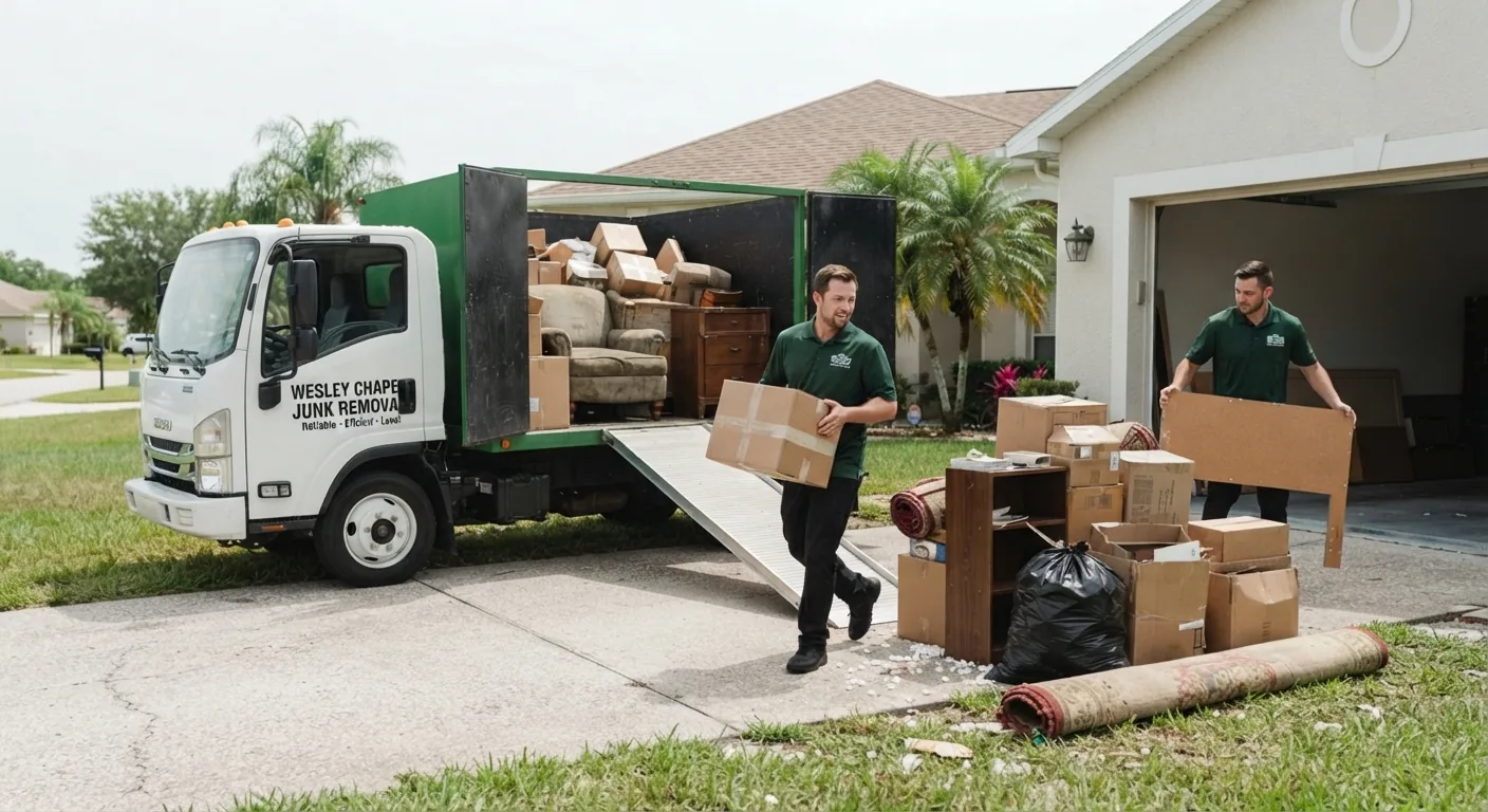 Crew carrying boxes out of a storage unit for cleanout in Wesley Chapel